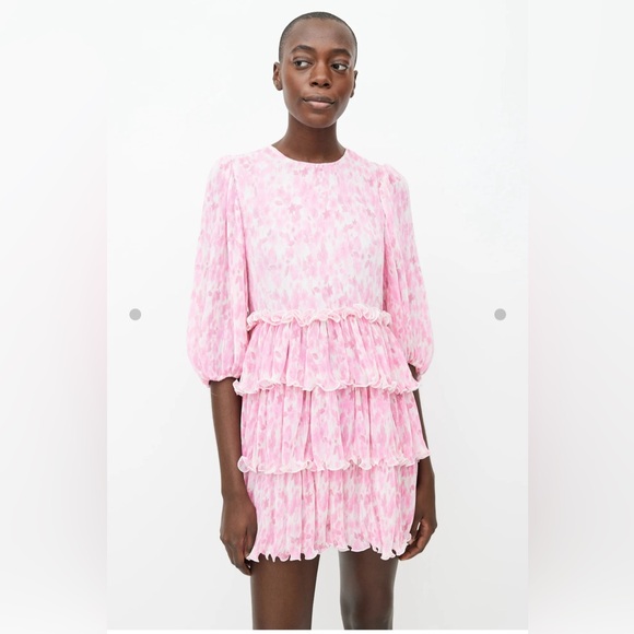 Ganni Pink & White Abstract Pleated & Ruffle Mini Dress Size 40 US 8/10 - Picture 1 of 5